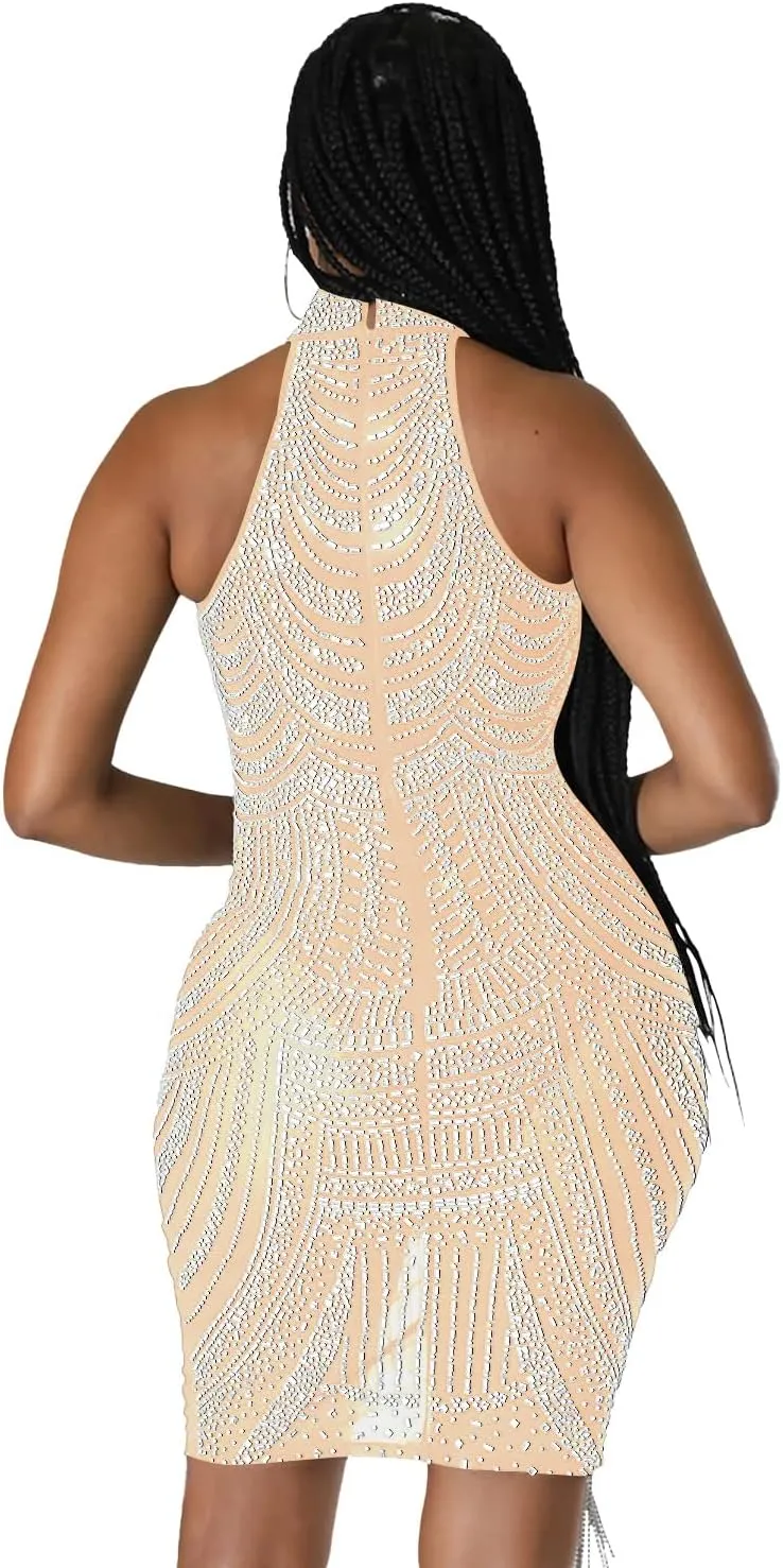 Sexy Dress for Women Party Club Night Stretchy Sheer Mesh Sparkly Rhinestone Mini Bodycon Vesitdos