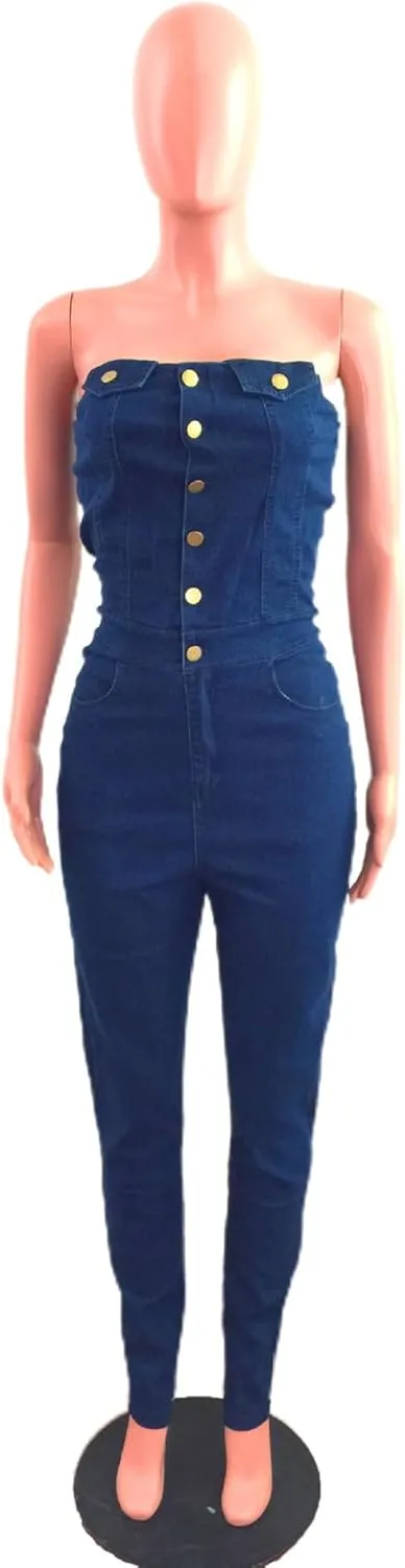 Sexyshine Women's Sexy Button Down Slim Fit Denim Jumpsuit Strapless Tube Top Sleeveless Full Length Jeans Rompers Overalls