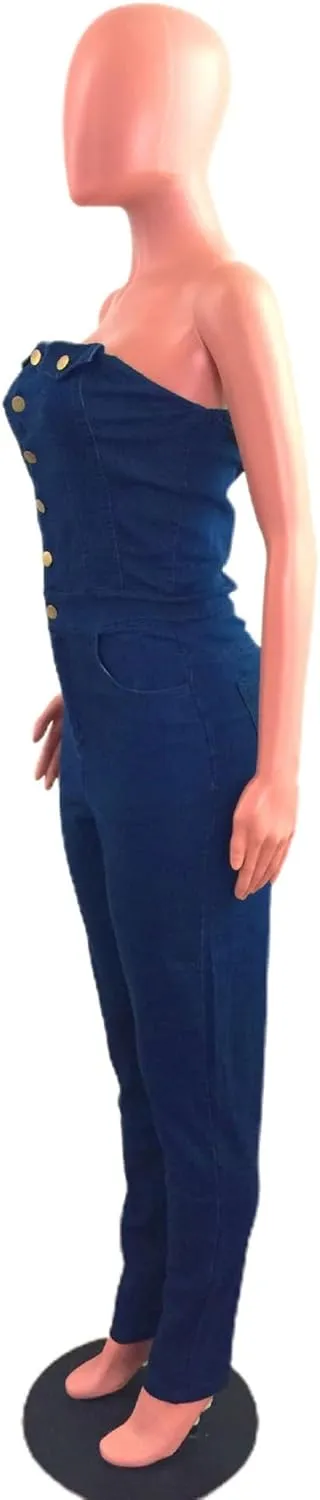 Sexyshine Women's Sexy Button Down Slim Fit Denim Jumpsuit Strapless Tube Top Sleeveless Full Length Jeans Rompers Overalls