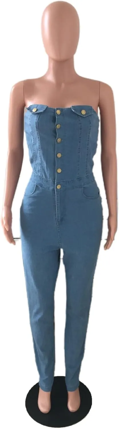 Sexyshine Women's Sexy Button Down Slim Fit Denim Jumpsuit Strapless Tube Top Sleeveless Full Length Jeans Rompers Overalls