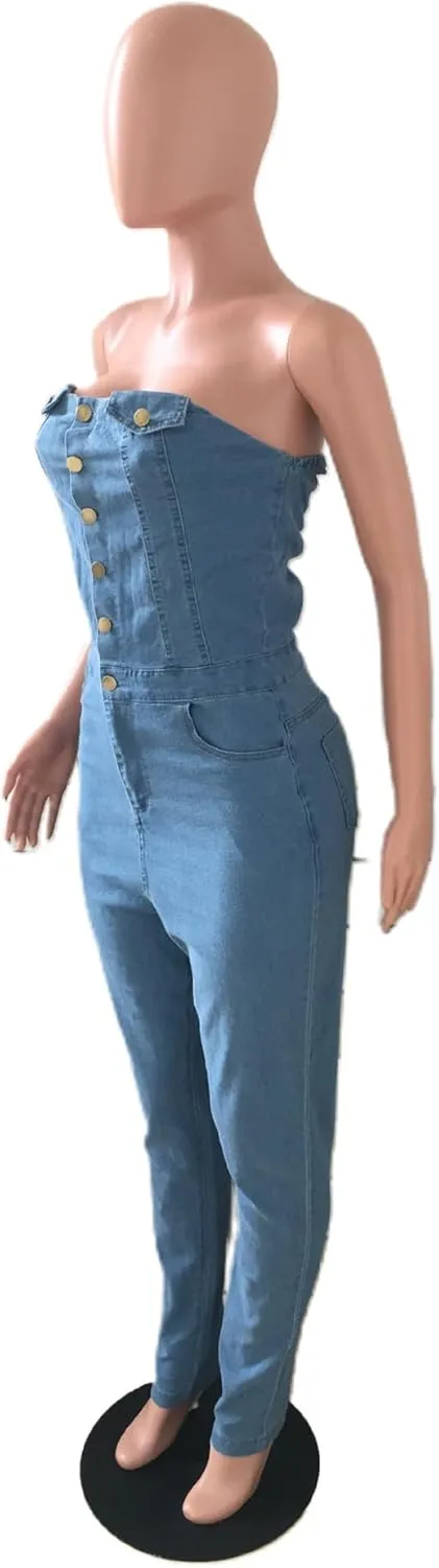 Sexyshine Women's Sexy Button Down Slim Fit Denim Jumpsuit Strapless Tube Top Sleeveless Full Length Jeans Rompers Overalls