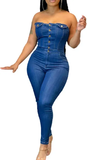 Sexyshine Women's Sexy Button Down Slim Fit Denim Jumpsuit Strapless Tube Top Sleeveless Full Length Jeans Rompers Overalls