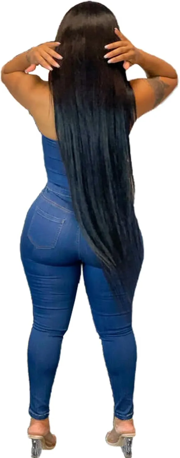 Sexyshine Women's Sexy Button Down Slim Fit Denim Jumpsuit Strapless Tube Top Sleeveless Full Length Jeans Rompers Overalls