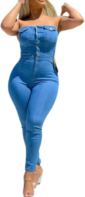 Sexyshine Women's Sexy Button Down Slim Fit Denim Jumpsuit Strapless Tube Top Sleeveless Full Length Jeans Rompers Overalls