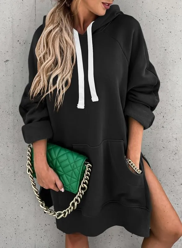 SHEWIN Women's Oversized Casual Pullover Long Sleeve Split Hem Drawstring Hoodies Dress With Kangaroo Pocket
