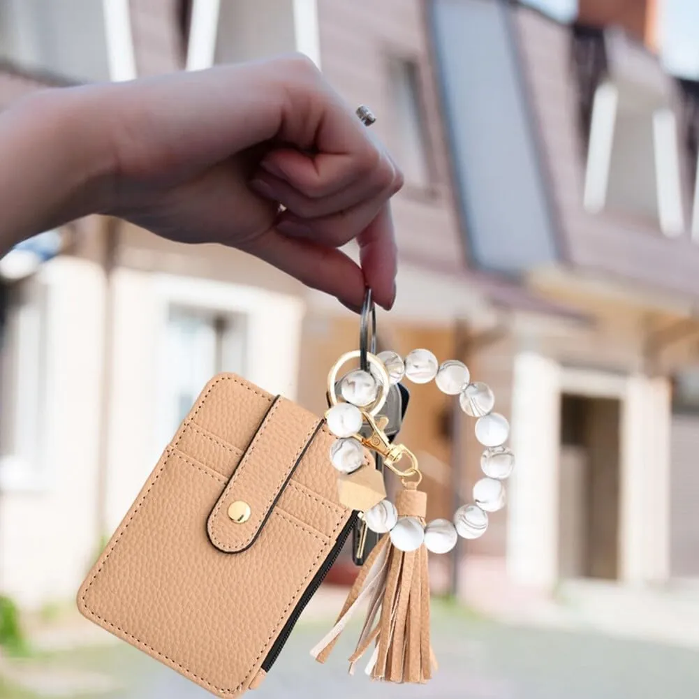 Silicone Beaded Keychain Bracelet Wristlet Pocket Cards Bag Keychain Car Beaded Key Ring Bangle Chains for Women