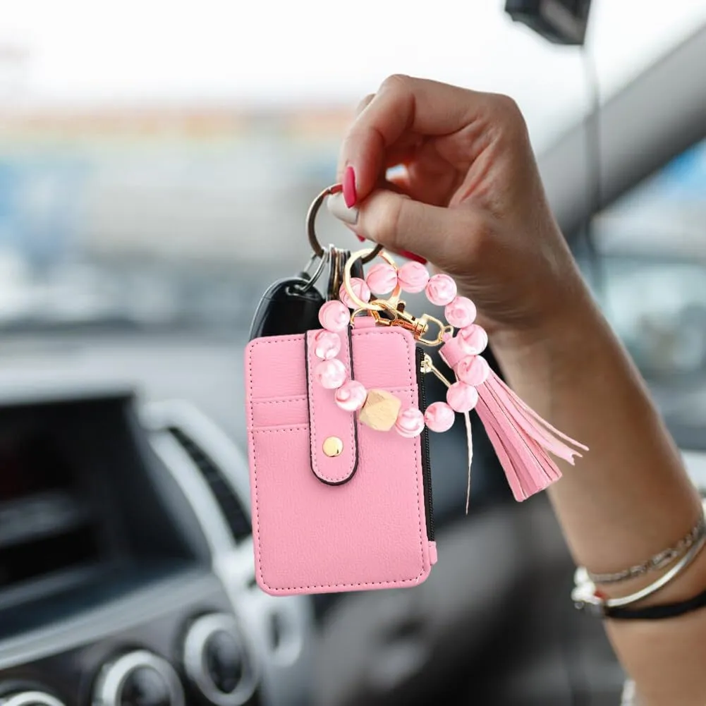 Silicone Beaded Keychain Bracelet Wristlet Pocket Cards Bag Keychain Car Beaded Key Ring Bangle Chains for Women