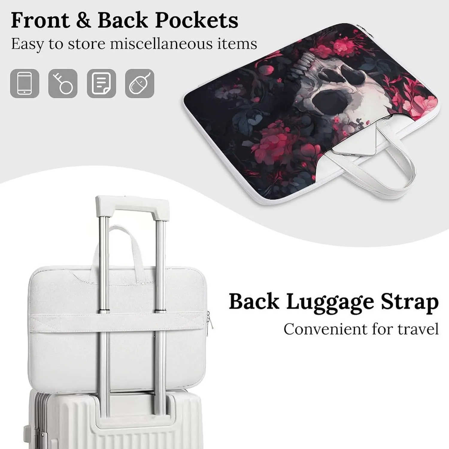 Skull Blooming Flowers Peony Leather Bag Laptop Case Slim Water Resistant Computer Bags with Handle Briefcase for Work