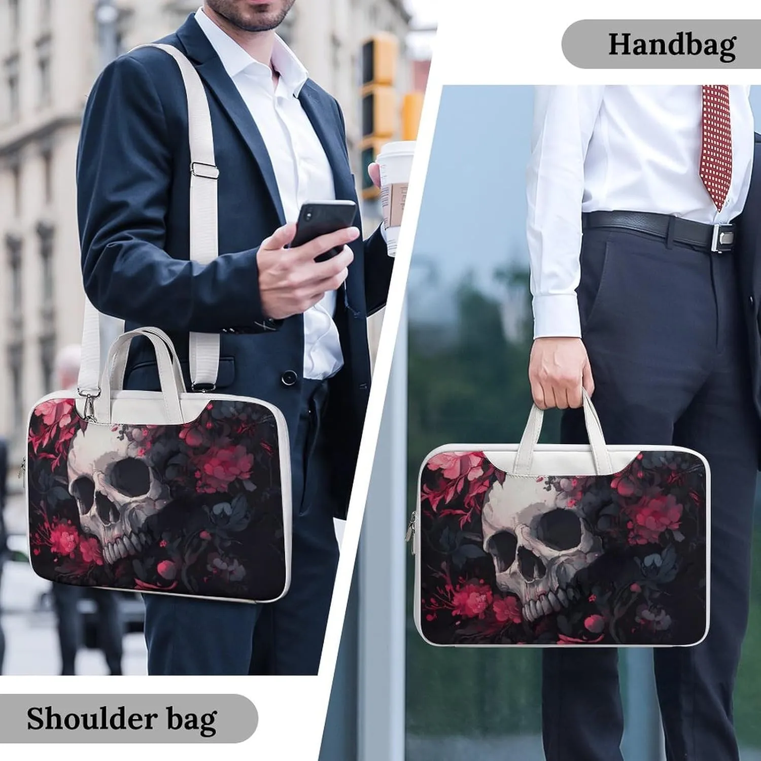Skull Blooming Flowers Peony Leather Bag Laptop Case Slim Water Resistant Computer Bags with Handle Briefcase for Work