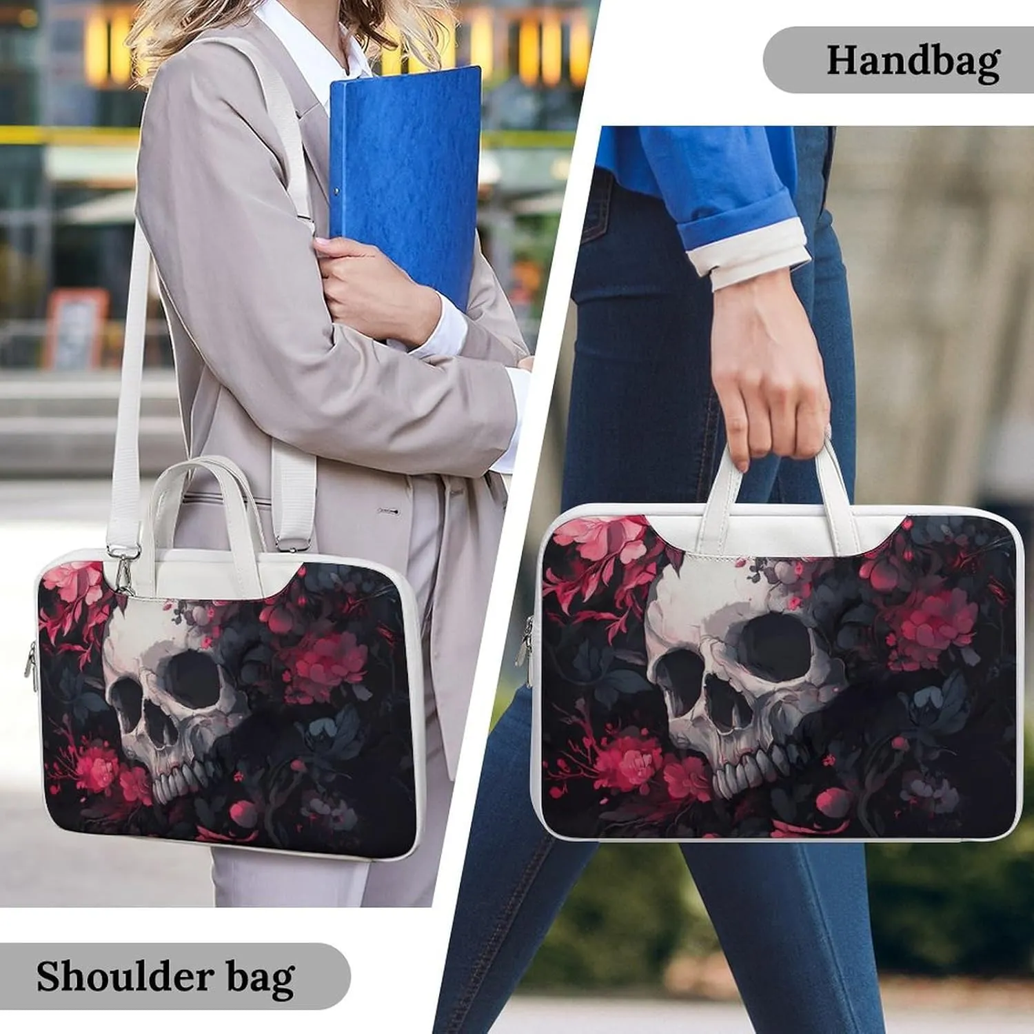Skull Blooming Flowers Peony Leather Bag Laptop Case Slim Water Resistant Computer Bags with Handle Briefcase for Work