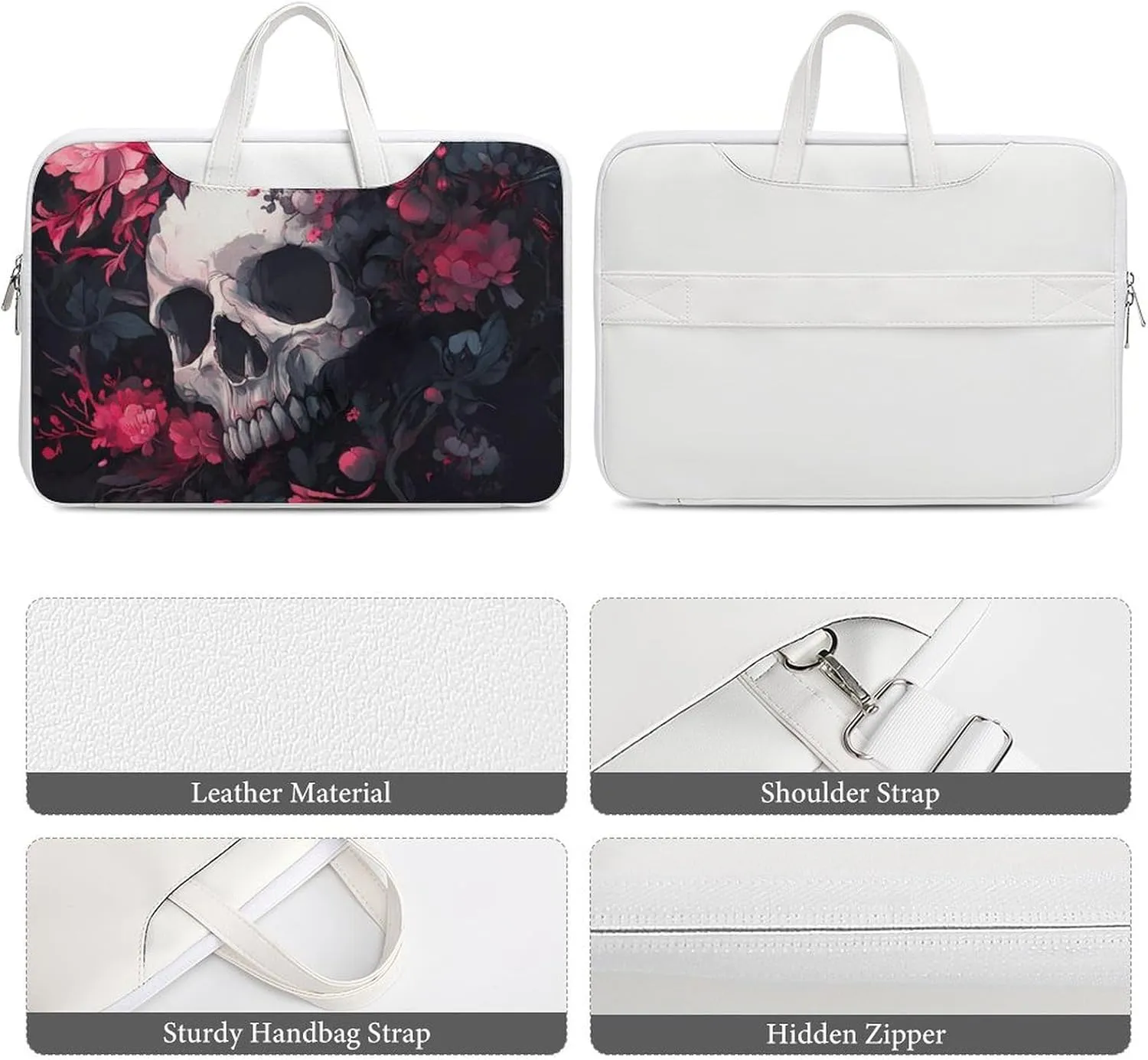 Skull Blooming Flowers Peony Leather Bag Laptop Case Slim Water Resistant Computer Bags with Handle Briefcase for Work