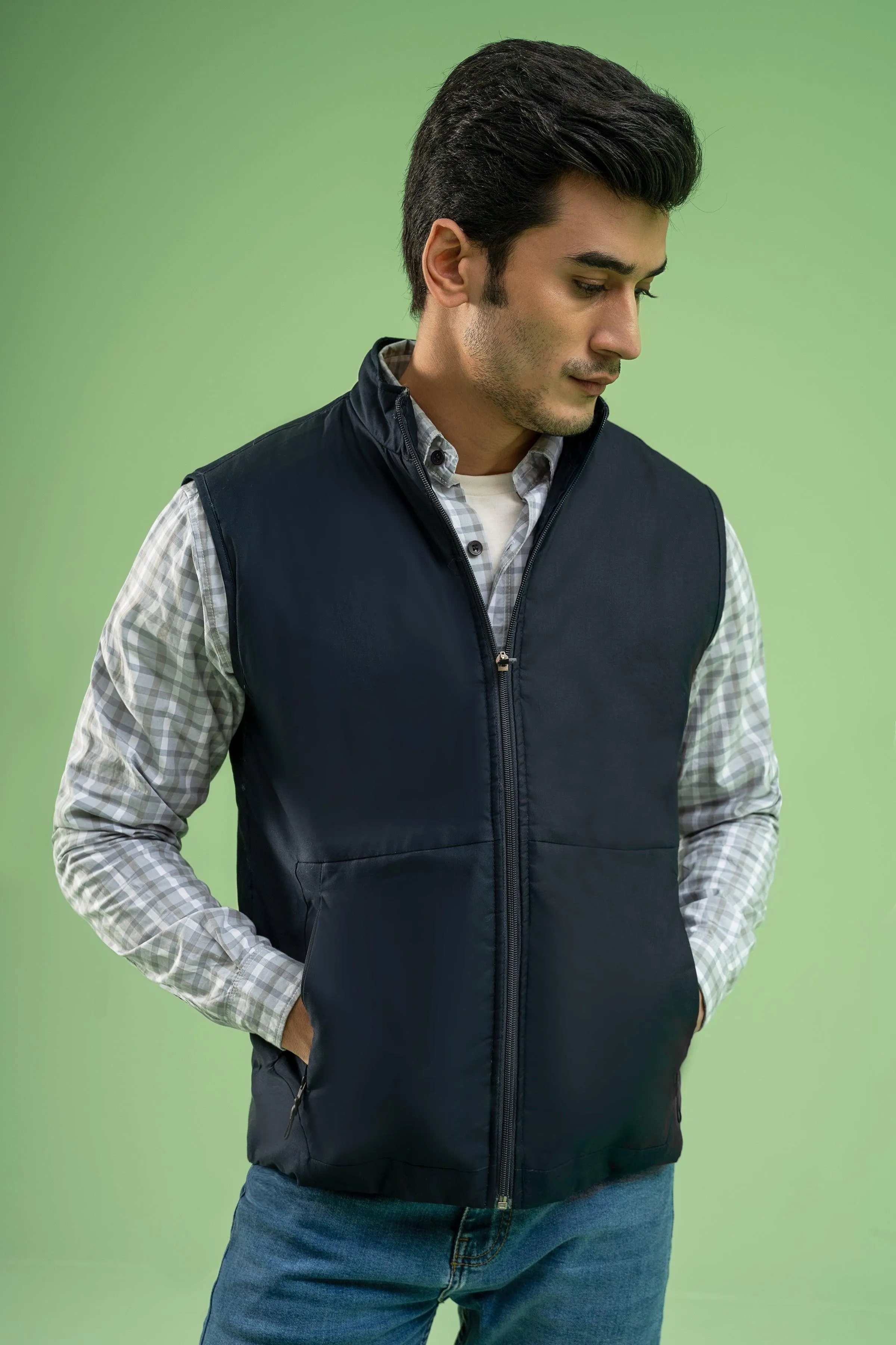 SLEEVELESS WADDED COTTON JACKET NAVY