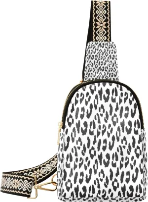 Small Sling Bag Waist Packs Leather Crossbody Packs Chest Bag Black White Leopard for Women Travel Belt Purse