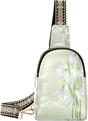Small Sling Bag Waist Packs Leather Crossbody Packs Chest Bag Bunch Of White Snowdrops for Women Travel Belt Purse