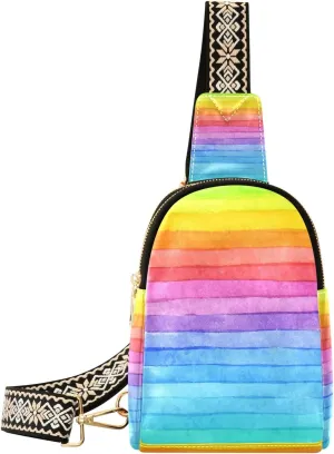 Small Sling Bag Waist Packs Leather Crossbody Packs Chest Bag Colorful Stripe for Women Travel Belt Purse