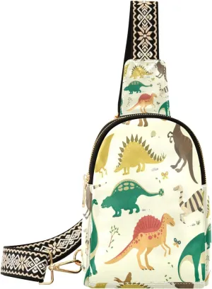 Small Sling Bag Waist Packs Leather Crossbody Packs Chest Bag Dinosaur Vintage Color for Women Travel Belt Purse