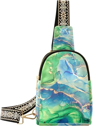 Small Sling Bag Waist Packs Leather Crossbody Packs Chest Bag Green Blue Marble for Women Travel Belt Purse