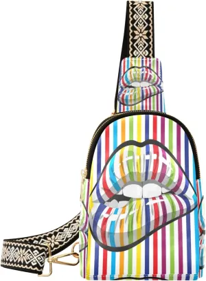 Small Sling Bag Waist Packs Leather Crossbody Packs Chest Bag Lips on Rainbow Stripe for Women Travel Belt Purse
