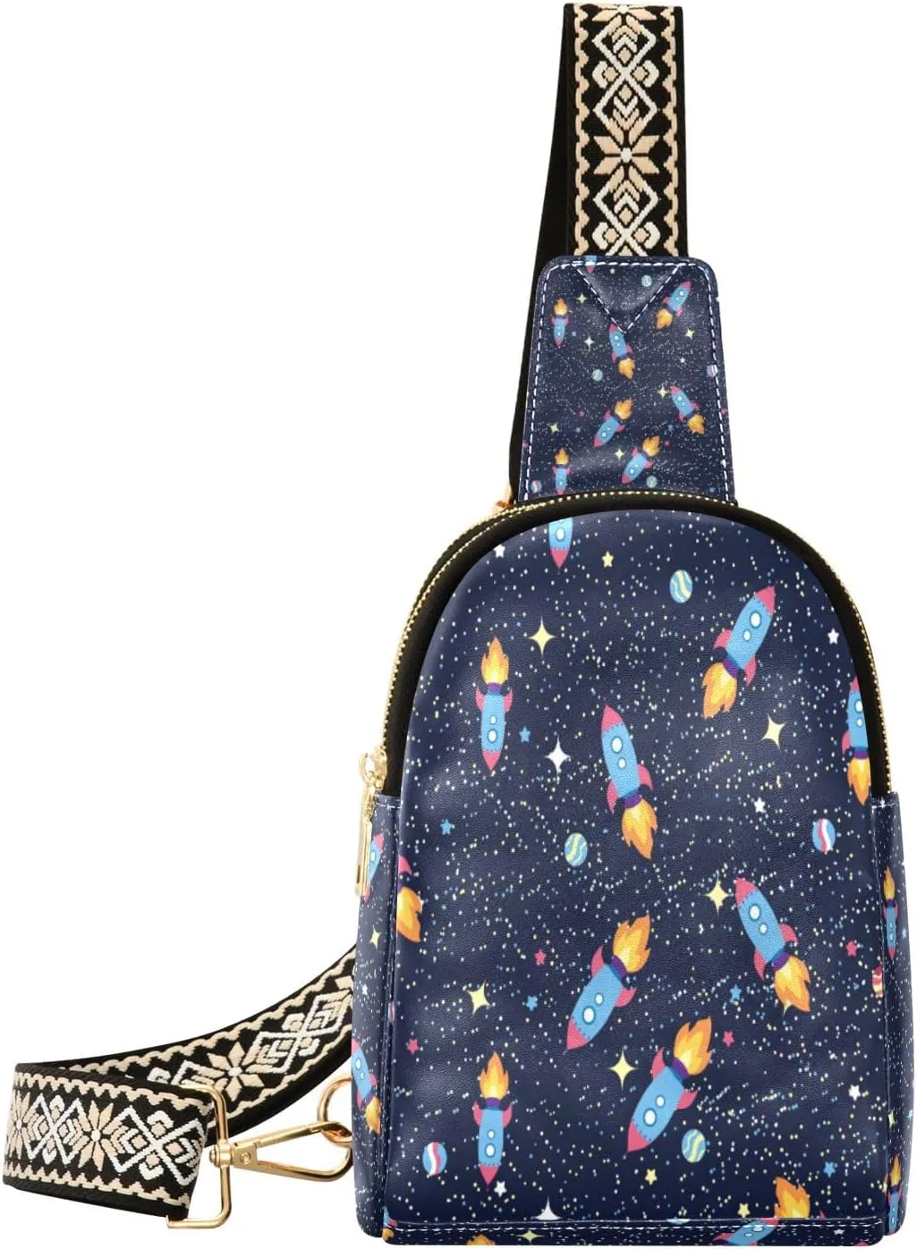 Small Sling Bag Waist Packs Leather Crossbody Packs Chest Bag Planets Rockets and Stars Pattern for Women Travel Belt Purse