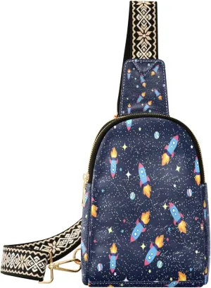 Small Sling Bag Waist Packs Leather Crossbody Packs Chest Bag Planets Rockets and Stars Pattern for Women Travel Belt Purse