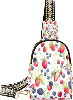 Small Sling Bag Waist Packs Leather Crossbody Packs Chest Bag Straberry and Blueberry for Women Travel Belt Purse