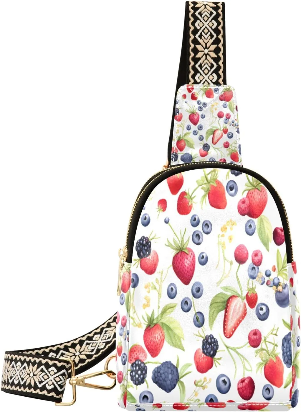 Small Sling Bag Waist Packs Leather Crossbody Packs Chest Bag Straberry and Blueberry for Women Travel Belt Purse