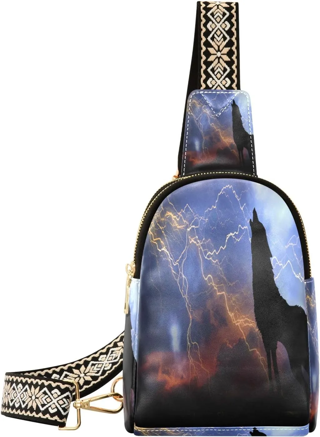 Small Sling Bag Waist Packs Leather Crossbody Packs Chest Bag Wolf in Silhouette Howling To Thunderstorm for Women Travel Belt Purse