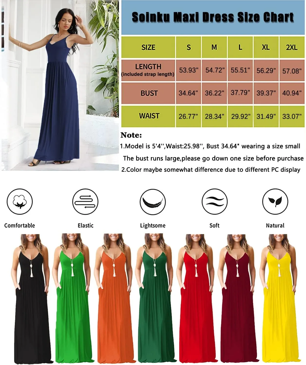 Soinku Women's Sundress 2025 Summer Casual Loose Maxi Dress Adjustable Spaghetti Strap Beach Long Dress with Pockets