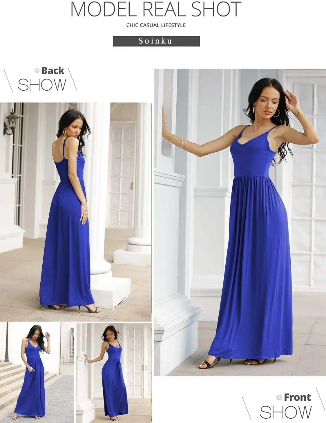 Soinku Women's Sundress 2025 Summer Casual Loose Maxi Dress Adjustable Spaghetti Strap Beach Long Dress with Pockets