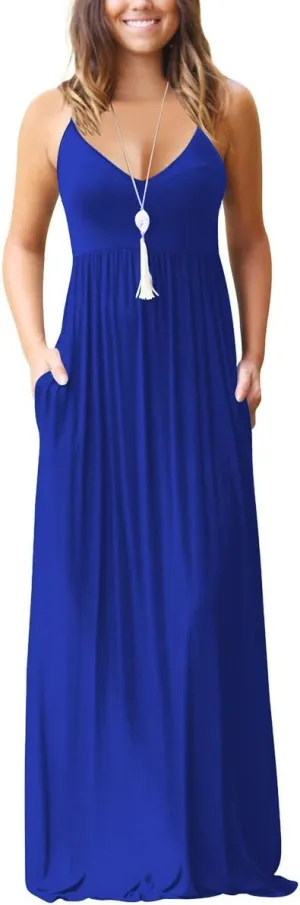 Soinku Women's Sundress 2025 Summer Casual Loose Maxi Dress Adjustable Spaghetti Strap Beach Long Dress with Pockets