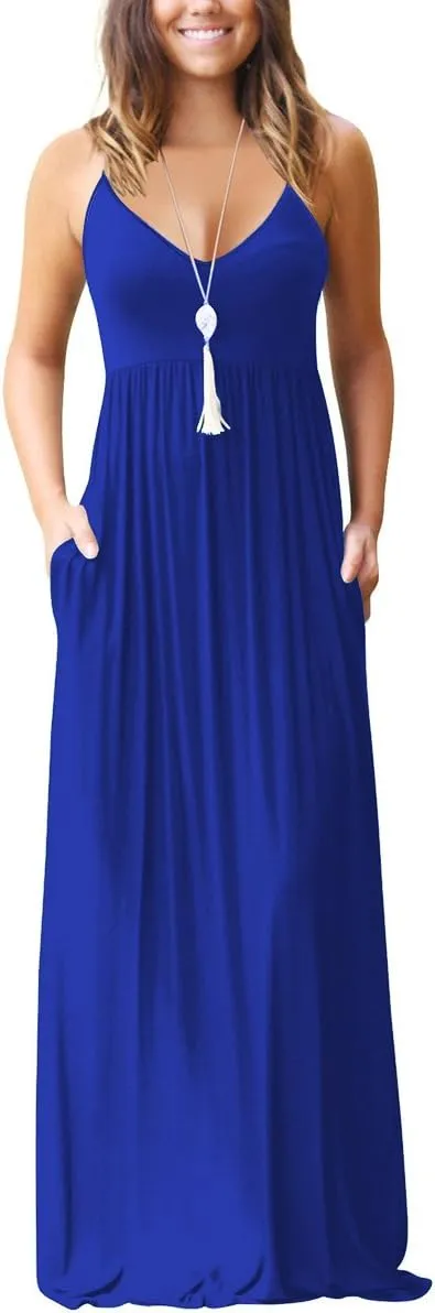 Soinku Women's Sundress 2025 Summer Casual Loose Maxi Dress Adjustable Spaghetti Strap Beach Long Dress with Pockets