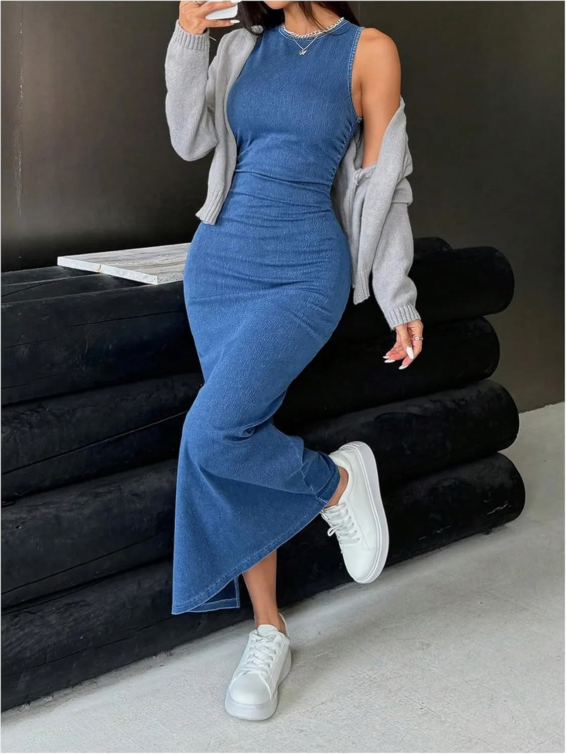SOLY HUX Women's Denim Dress Sleeveless Slit Bodycon Tank Dress Summer Maxi Dresses