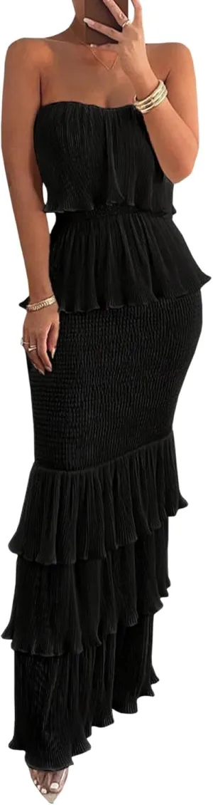 SOMTHRON Women's Smocked Bodycon Maxi Dress Strapless Shirred Ruffle Hem Layered Bandeau Tube Party Dress