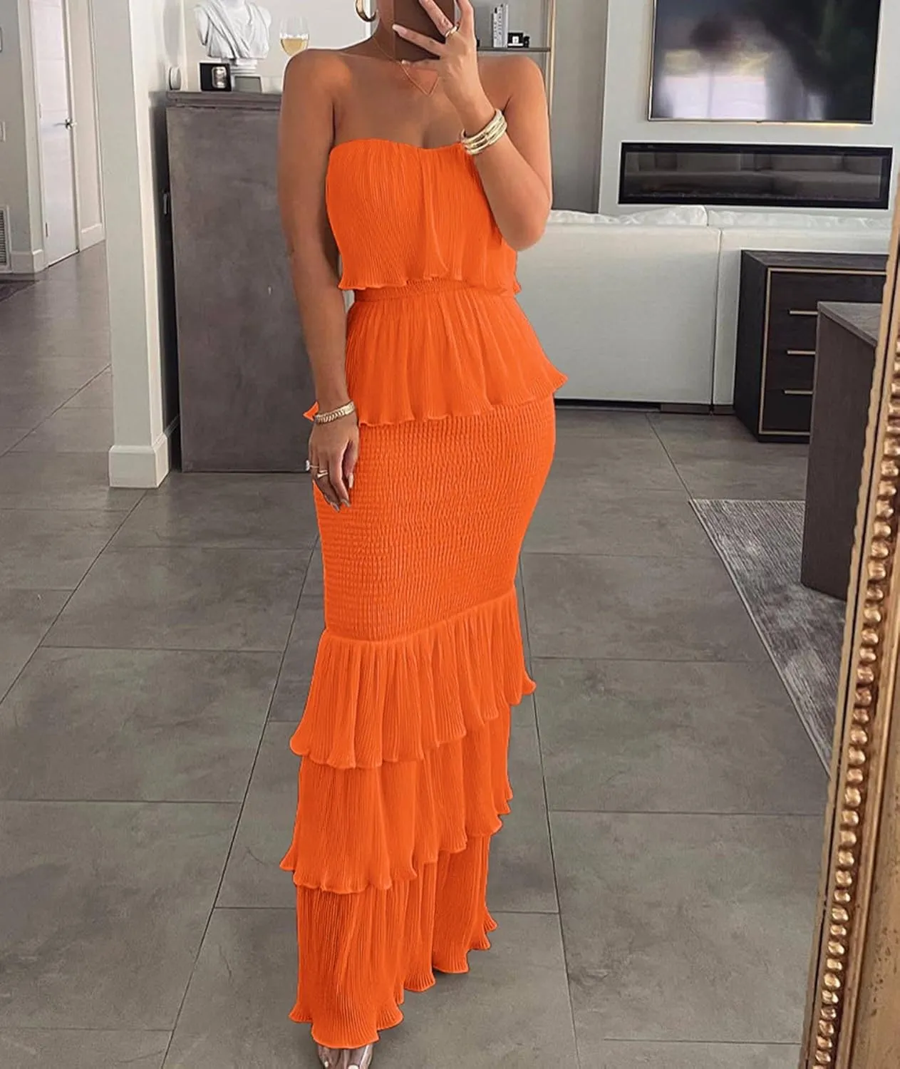SOMTHRON Women's Smocked Bodycon Maxi Dress Strapless Shirred Ruffle Hem Layered Bandeau Tube Party Dress