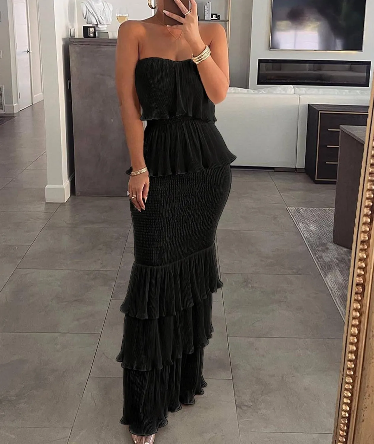SOMTHRON Women's Smocked Bodycon Maxi Dress Strapless Shirred Ruffle Hem Layered Bandeau Tube Party Dress