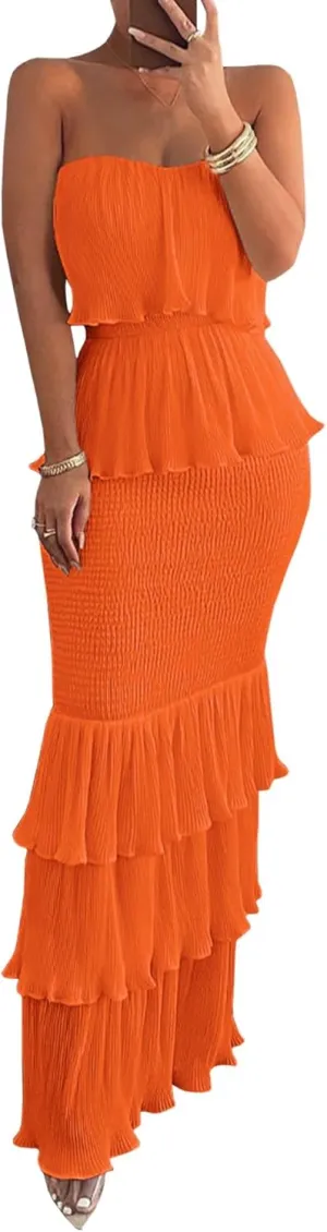 SOMTHRON Women's Smocked Bodycon Maxi Dress Strapless Shirred Ruffle Hem Layered Bandeau Tube Party Dress