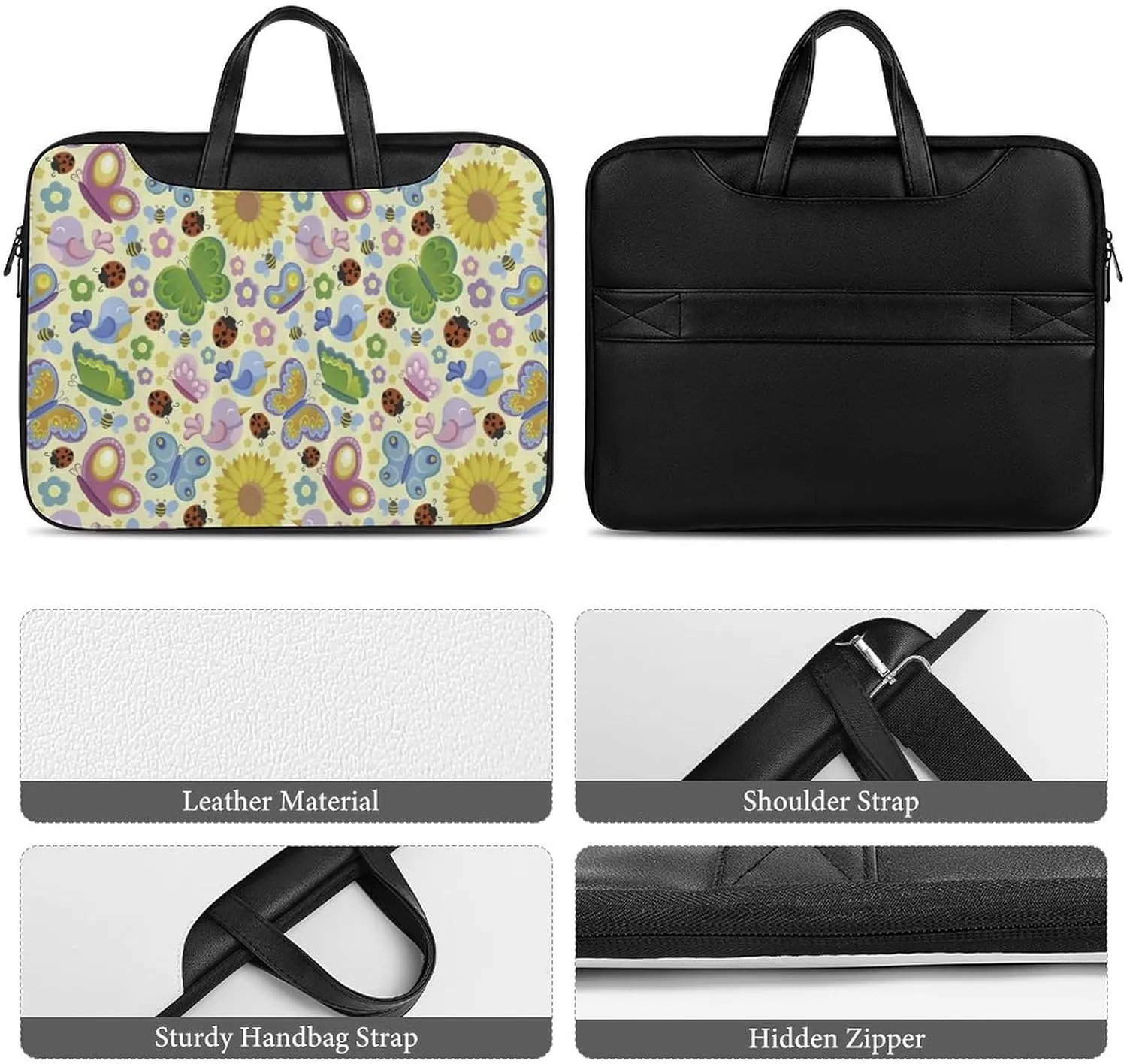 Spring Ladybugs Bees Birds Leather Bag Laptop Case Slim Water Resistant Computer Bags with Handle Briefcase for Work