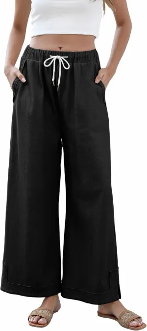 Springrain Womens Baggy Wide Leg Pants Casual Loose Cotton Elastic Waisted Palazzo Pants Black