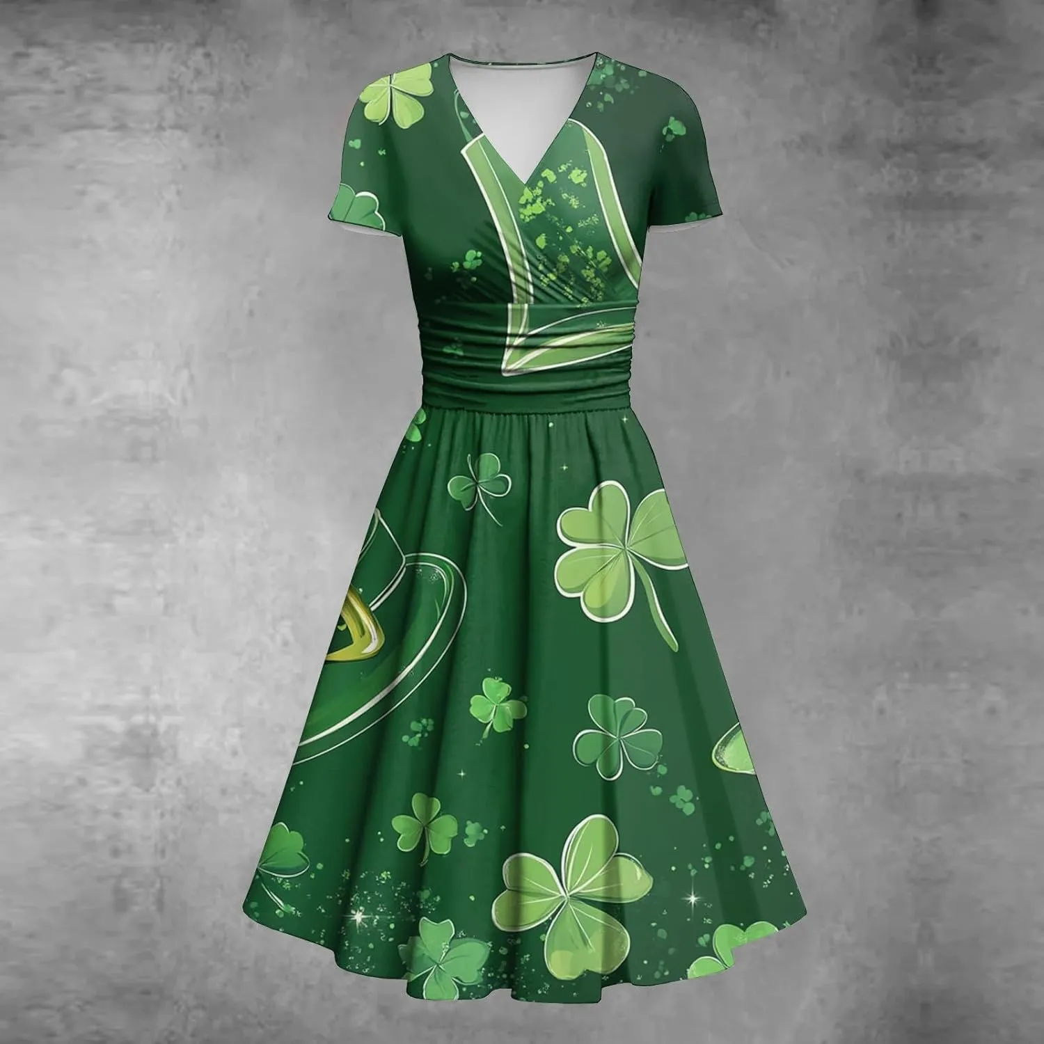 St Patricks Dress Women Dressy Short Sleeve Princess V Neck Pulled Ruffle Shamrock Print Waist Drawstring Sexy Dresses