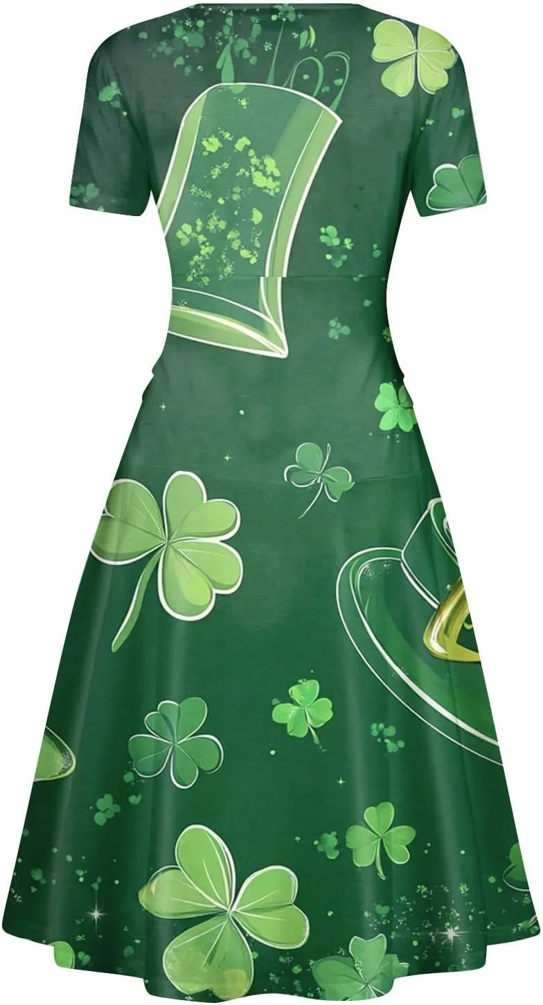 St Patricks Dress Women Dressy Short Sleeve Princess V Neck Pulled Ruffle Shamrock Print Waist Drawstring Sexy Dresses