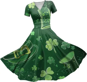 St Patricks Dress Women Dressy Short Sleeve Princess V Neck Pulled Ruffle Shamrock Print Waist Drawstring Sexy Dresses