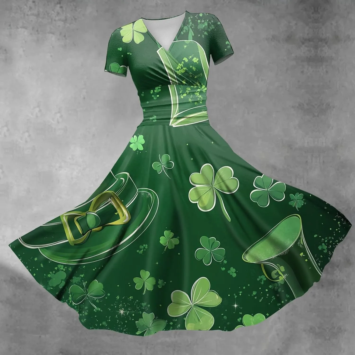 St Patricks Dress Women Dressy Short Sleeve Princess V Neck Pulled Ruffle Shamrock Print Waist Drawstring Sexy Dresses