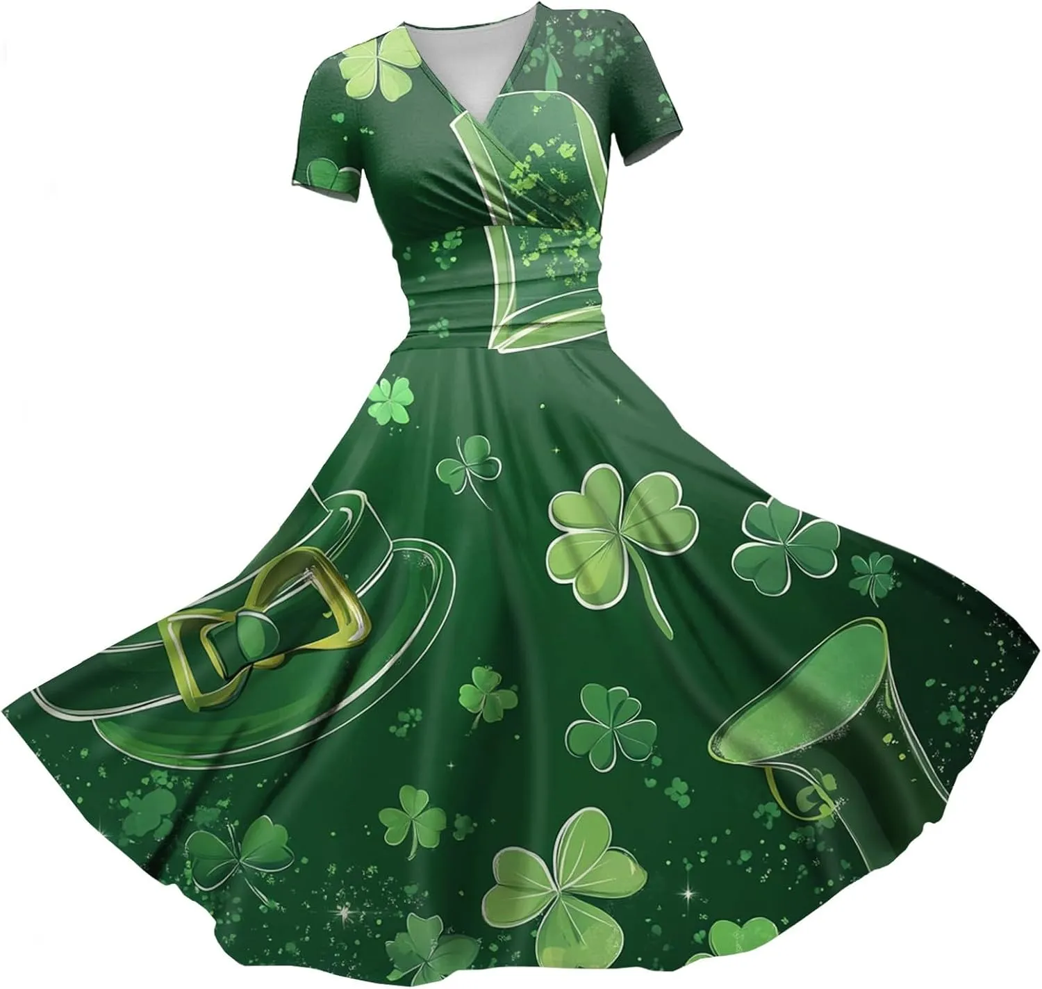 St Patricks Dress Women Dressy Short Sleeve Princess V Neck Pulled Ruffle Shamrock Print Waist Drawstring Sexy Dresses