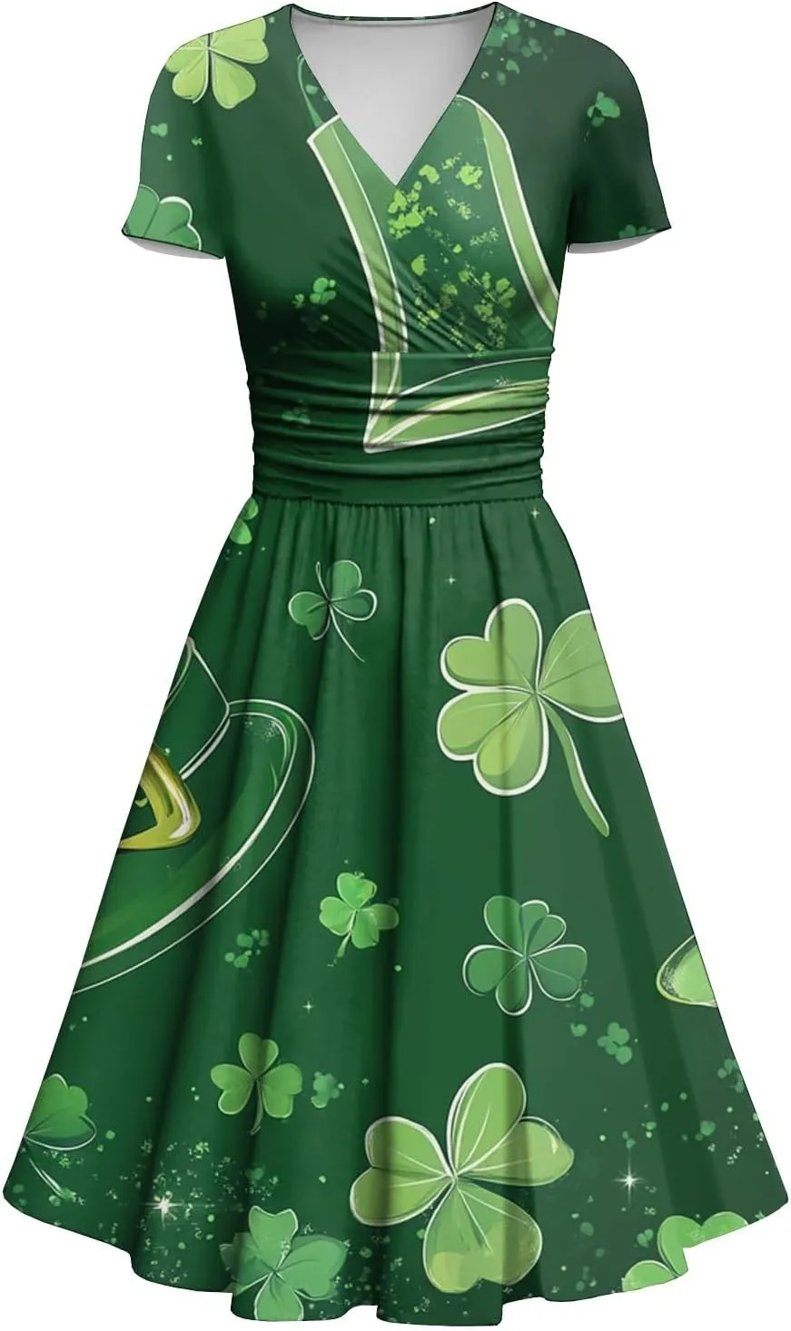 St Patricks Dress Women Dressy Short Sleeve Princess V Neck Pulled Ruffle Shamrock Print Waist Drawstring Sexy Dresses