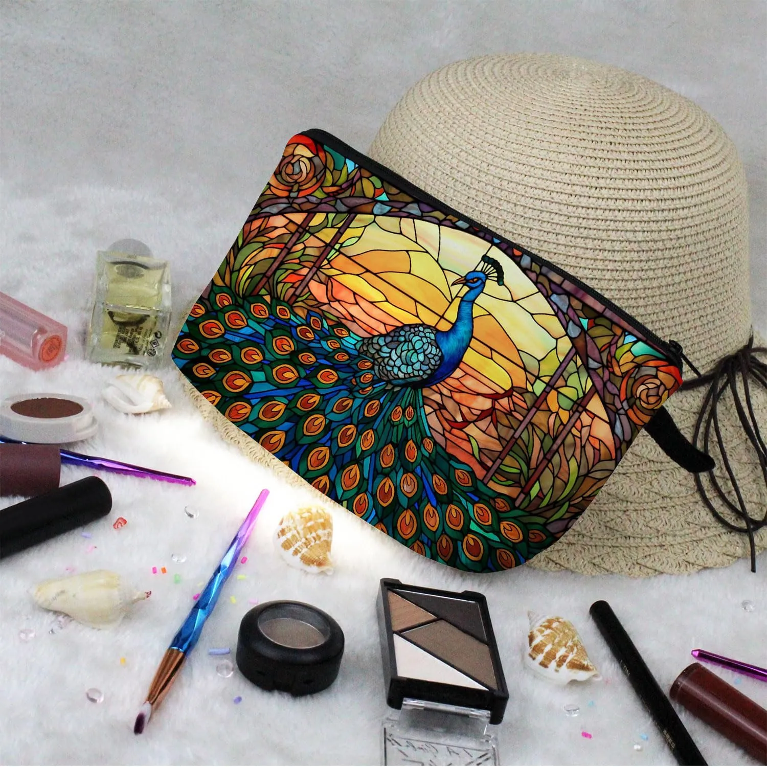 Stained Glass Peacock Makeup Bag Colorful Peacock Cute Small Organizer Bag Zipper Pouch Stained Glass Design Peacock Cosmetic Bag Present for Women Friends