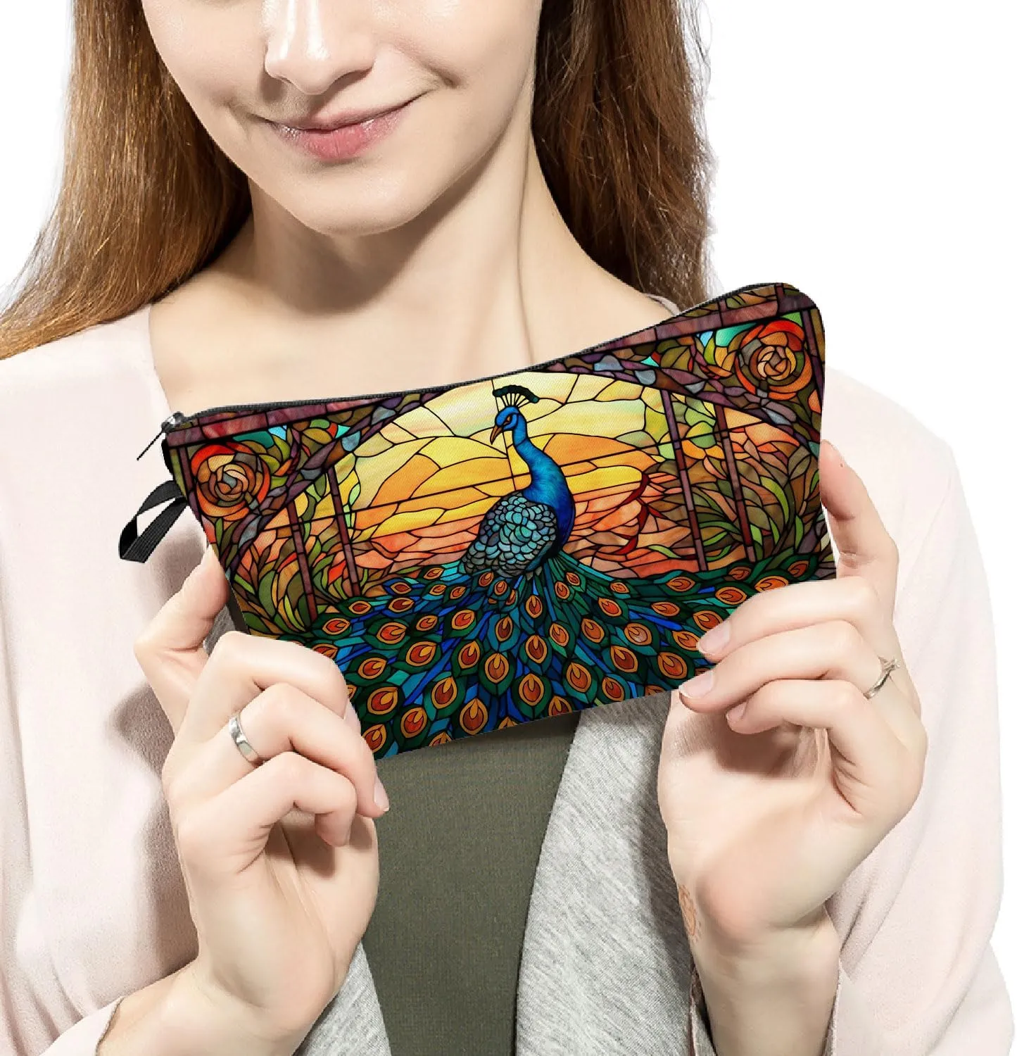 Stained Glass Peacock Makeup Bag Colorful Peacock Cute Small Organizer Bag Zipper Pouch Stained Glass Design Peacock Cosmetic Bag Present for Women Friends