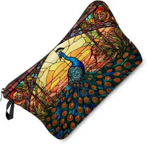 Stained Glass Peacock Makeup Bag Colorful Peacock Cute Small Organizer Bag Zipper Pouch Stained Glass Design Peacock Cosmetic Bag Present for Women Friends