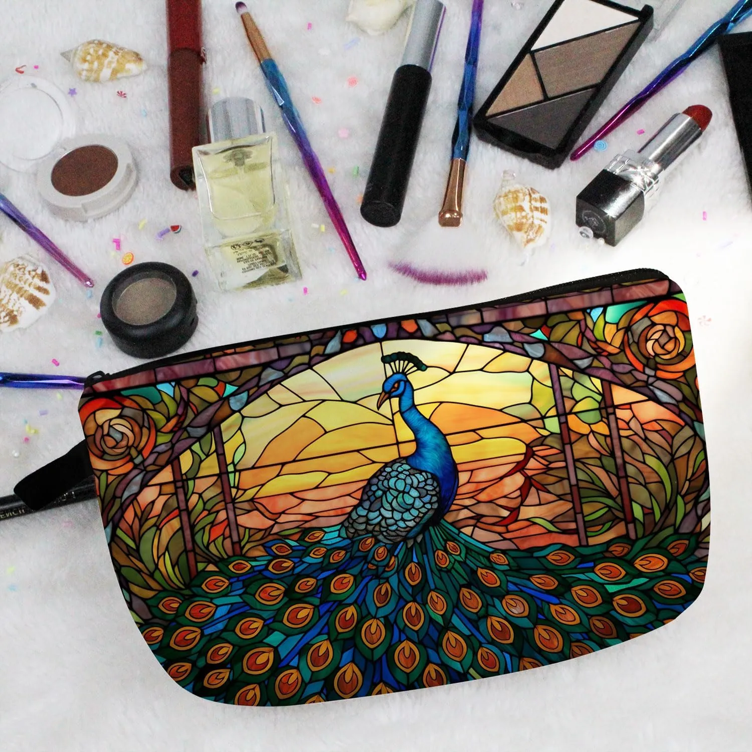 Stained Glass Peacock Makeup Bag Colorful Peacock Cute Small Organizer Bag Zipper Pouch Stained Glass Design Peacock Cosmetic Bag Present for Women Friends