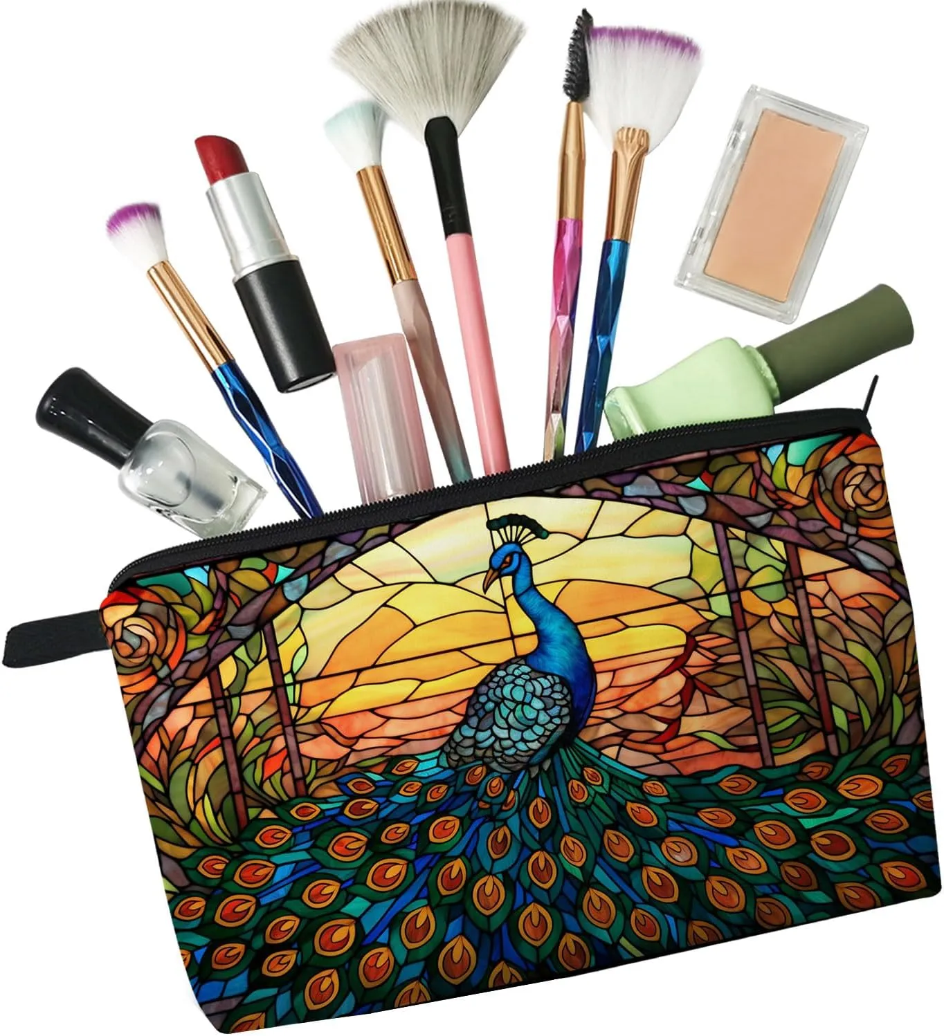 Stained Glass Peacock Makeup Bag Colorful Peacock Cute Small Organizer Bag Zipper Pouch Stained Glass Design Peacock Cosmetic Bag Present for Women Friends