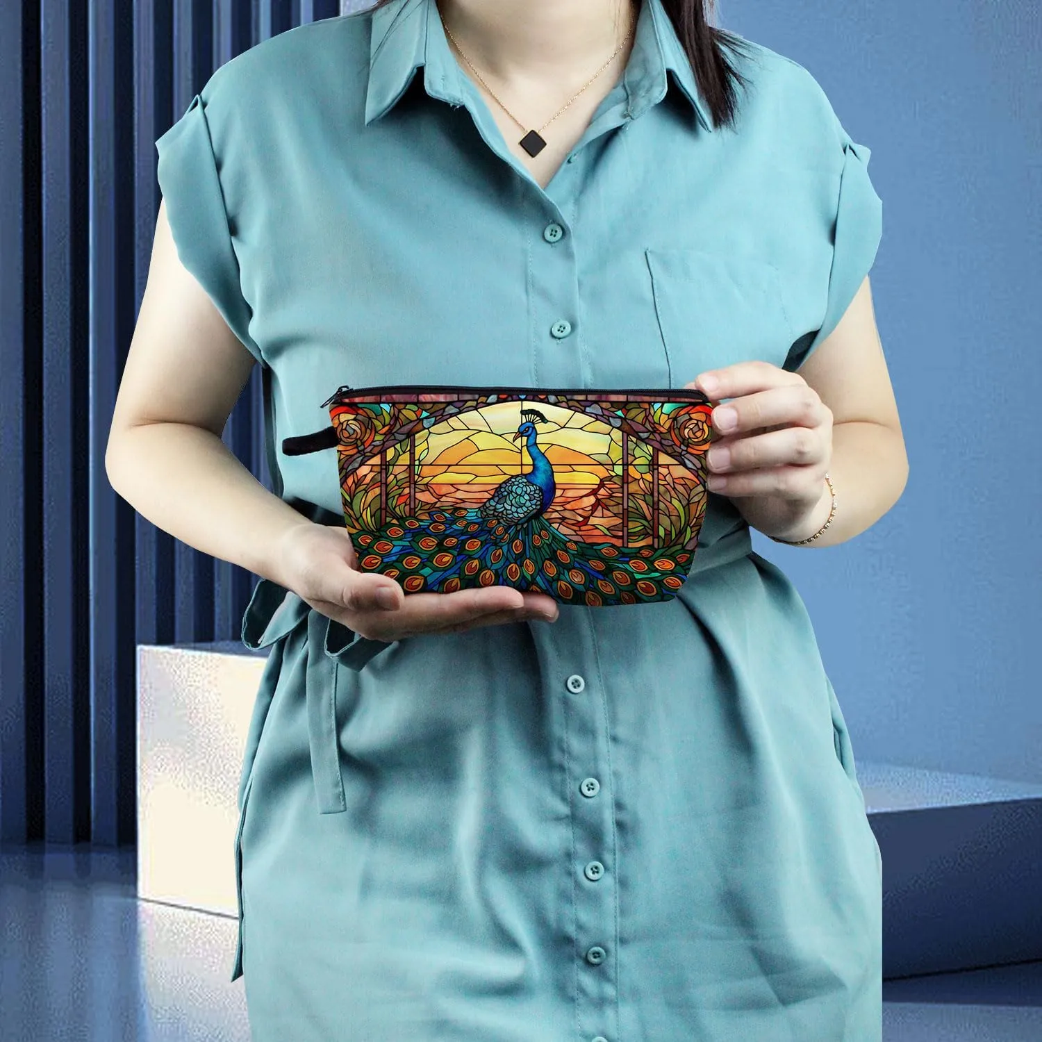 Stained Glass Peacock Makeup Bag Colorful Peacock Cute Small Organizer Bag Zipper Pouch Stained Glass Design Peacock Cosmetic Bag Present for Women Friends